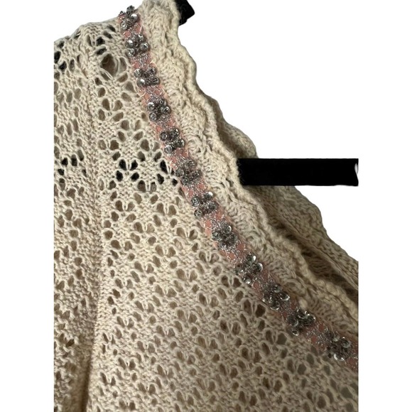 FREE PEOPLE Womens Sweater Cream Open-Knit Pullover Tie Back Sequins Size S - Picture 4 of 5